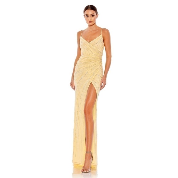 NEW Mac Duggal Beaded sleeveless faux wrap gown in buttercream size 12 - Picture 1 of 16